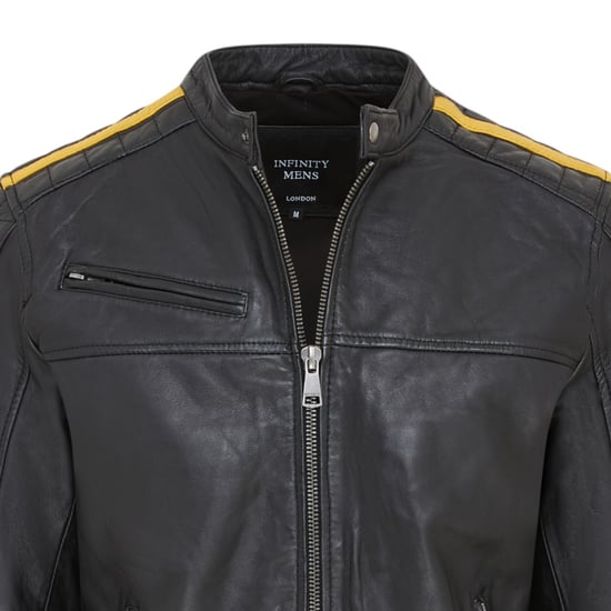 Heren zwarte gewatteerde gele streep leren bikerjack - Rider - Image 6