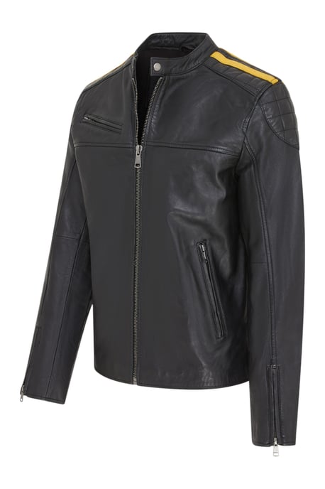 Heren zwarte klassieke gewatteerde gele streep leren bikerjack - Velocity - Image 4