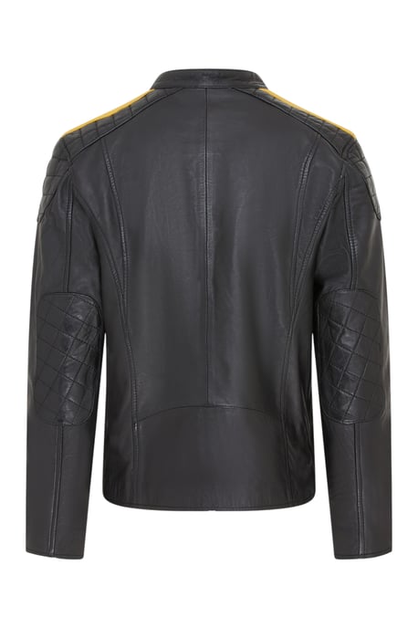 Heren zwarte klassieke gewatteerde gele streep leren bikerjack - Velocity - Image 5