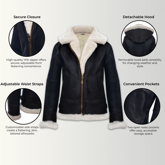 Dames Bruin Crèmekleurige Hooded Sheepskin Flying Bomber Leren Jas - Sovereign - Image 3