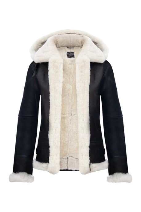 Dames Bruin Crèmekleurige Hooded Sheepskin Flying Bomber Leren Jas - Sovereign - Image 4