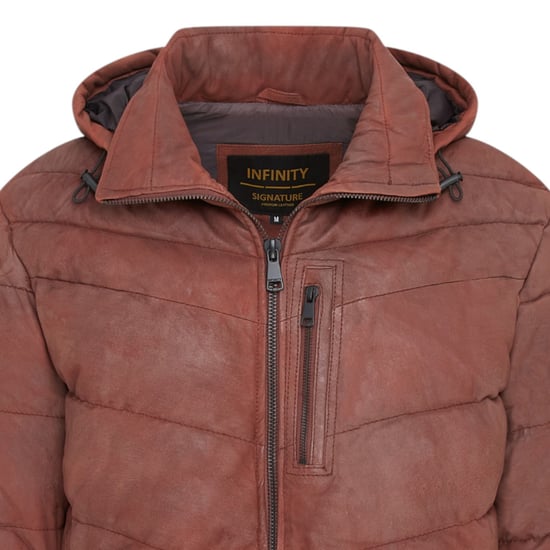 Heren bruine leren gewatteerde jas met capuchon en puffer winterjas - Summit - Image 6