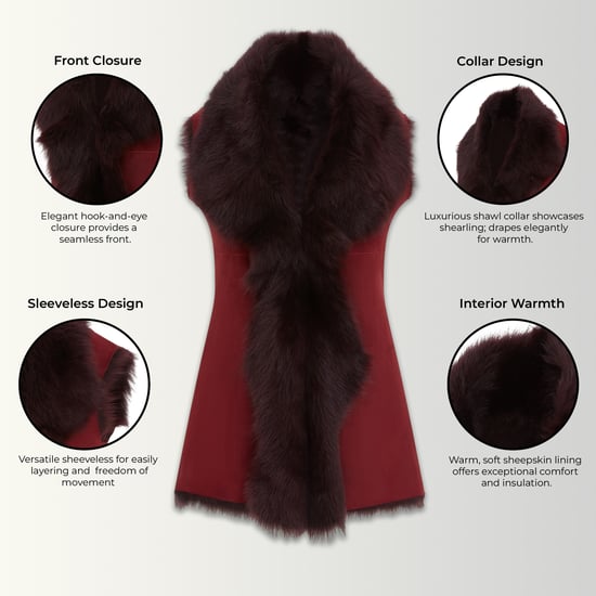 Dames bordeaux Toscana schapenvacht lang gilet-Sorocaba - Image 3