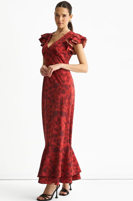 Rode maxi-jurk met V-hals, bloemenprint en ruches - Image 3