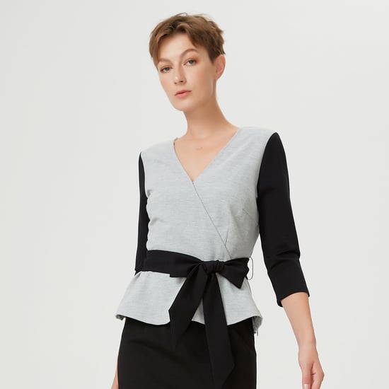 Kleurblok Peplum top met kruis-harteffect en riem - Image 1