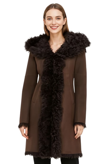 Dames bruine Toscaanse trenchcoat met capuchon van echt schapenleer - Verona - Image 1