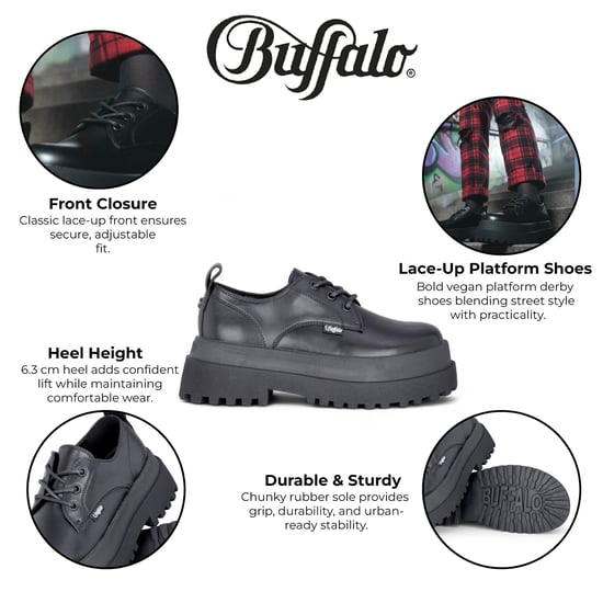 Buffalo Dames Zwarte Veterschoenen met Dikke Platforms - Pluto - Image 2