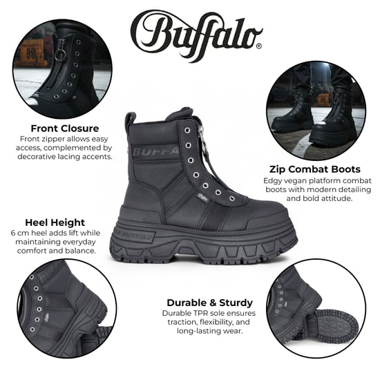 Buffalo Dames Zwarte Chunky Platform Front Zip Hoge Enkel Combat Boots - Fusion - Image 2