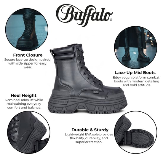 Buffalo Dames Zwarte Chunky Platform Veterschoenen Mid High Combat Boots - Fusion - Image 2