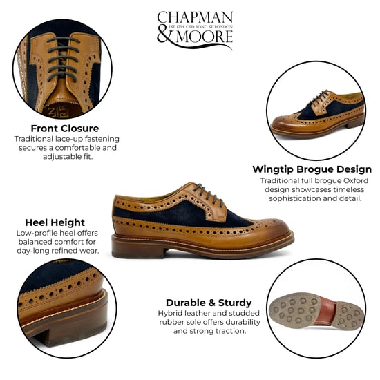 Chapman & Moore Heren Bruine Leren Marineblauwe Suède Brogues Oxford Formele Schoenen - Image 2
