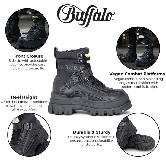 Buffalo Dames Zwarte Chunky Platform Hoge Enkel Combat Boots - ASPHA-COM1 - Image 2