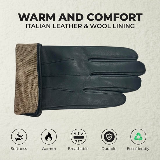 Heren marineblauwe Italiaanse leren warme wollen voering winterrijhandschoenen voor casual rijden - Image 3