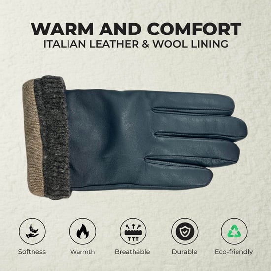 Heren marineblauwe Italiaanse leren warme wollen voering winter fiets- en autorijhandschoenen - Image 3