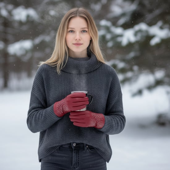 Dames rode Italiaanse leren zachte wollen voering winterhandschoenen met studs - Image 2