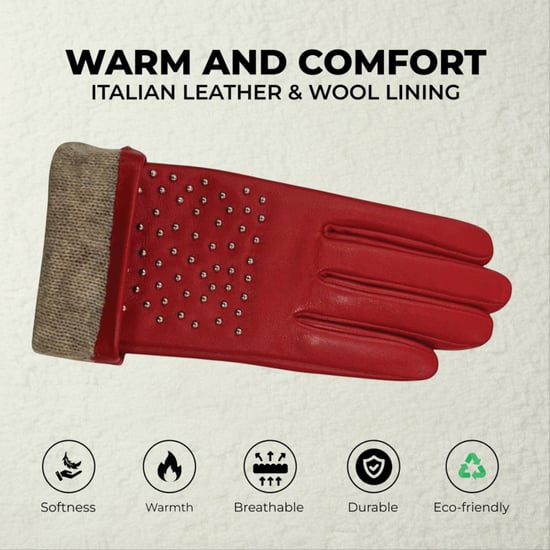 Dames rode Italiaanse leren zachte wollen voering winterhandschoenen met studs - Image 3