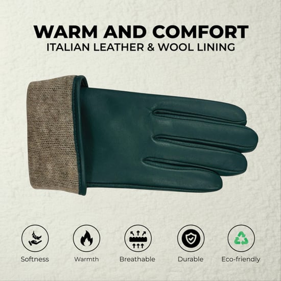 Dames winterhandschoenen met Italiaanse leren voering in zacht wol en blauwgroene kleur, met knoopsluiting - Image 3