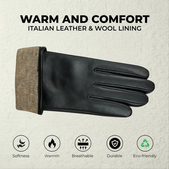 Zwarte Italiaanse leren winterhandschoenen met zachte wollen voering en knoopsluiting voor dames - Image 3