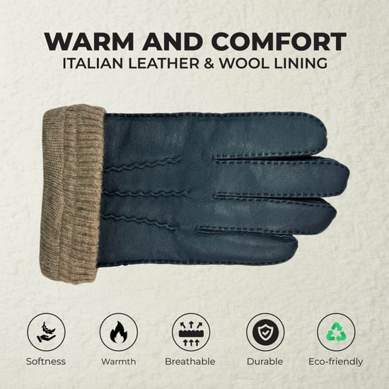 Heren olijfgroene Italiaanse leren warme wollen gevoerde winterfietshandschoenen voor casual rijden - Image 3