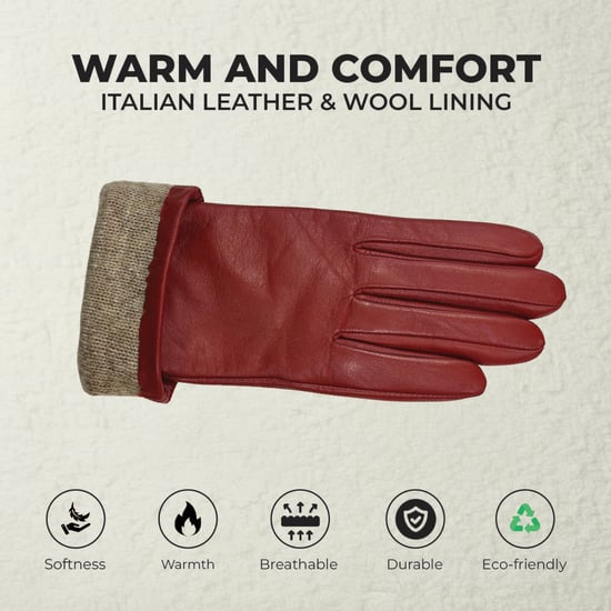 Dames winterhandschoenen met bordeauxrood Italiaans leer en zachte wollen voering en strikmotief - Image 3