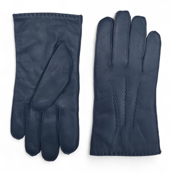 Heren marineblauwe Italiaanse leren warme wollen voering wintersteekontwerp rij- en casual handschoenen - Image 1