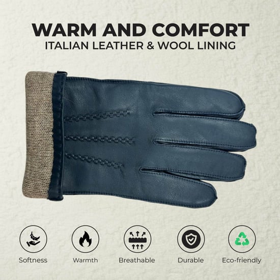 Heren marineblauwe Italiaanse leren warme wollen voering wintersteekontwerp rij- en casual handschoenen - Image 3