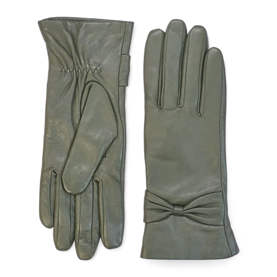 Dames olijfgroene Italiaanse leren winterhandschoenen met zachte wollen voering en strikmotief - Image 1