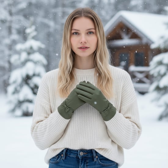 Dames olijfgroene Italiaanse leren winterhandschoenen met zachte wollen voering en strikmotief - Image 2