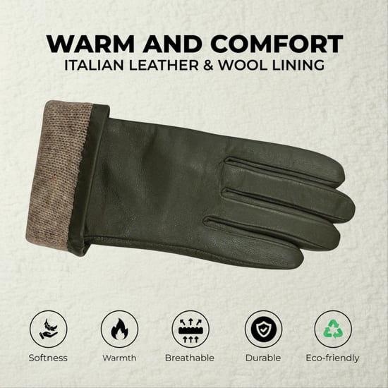 Dames olijfgroene Italiaanse leren winterhandschoenen met zachte wollen voering en strikmotief - Image 3