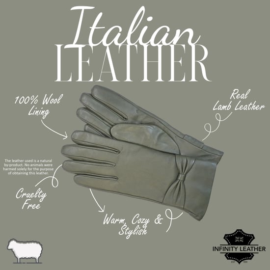 Dames olijfgroene Italiaanse leren winterhandschoenen met zachte wollen voering en strikmotief - Image 4