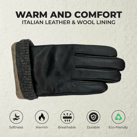 Herenhandschoenen van zwart Italiaans leer met warme wollen voering voor winterfietsen en casual rijden - Image 3