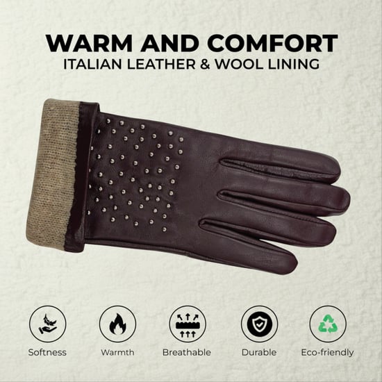 Dames winterhandschoenen met paars Italiaans leer en zachte wollen voering en studs - Image 3