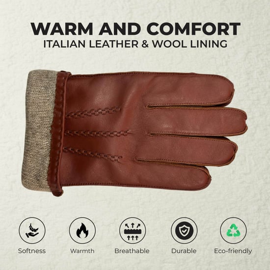 Heren kastanjebruin Italiaans leer warme wollen voering winter steekontwerp rijden casual handschoenen - Image 3
