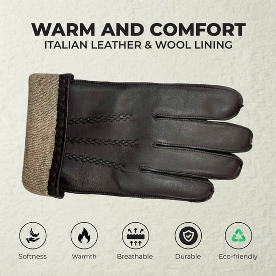 Herenhandschoenen van bruin Italiaans leer met warme wollen voering en wintersteekmotief voor rijden en casual rijden - Image 3