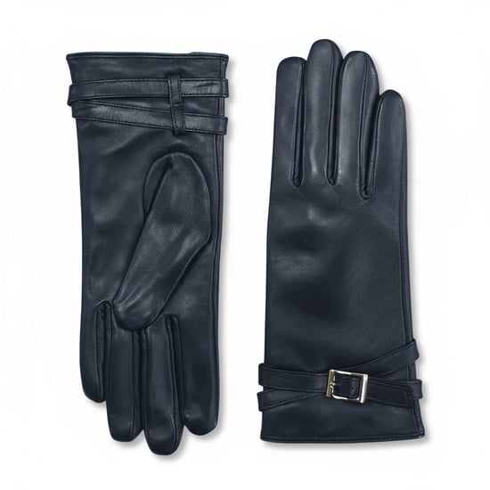 Zwarte Italiaanse leren winterhandschoenen met zachte wollen voering en gesp voor dames - Image 1