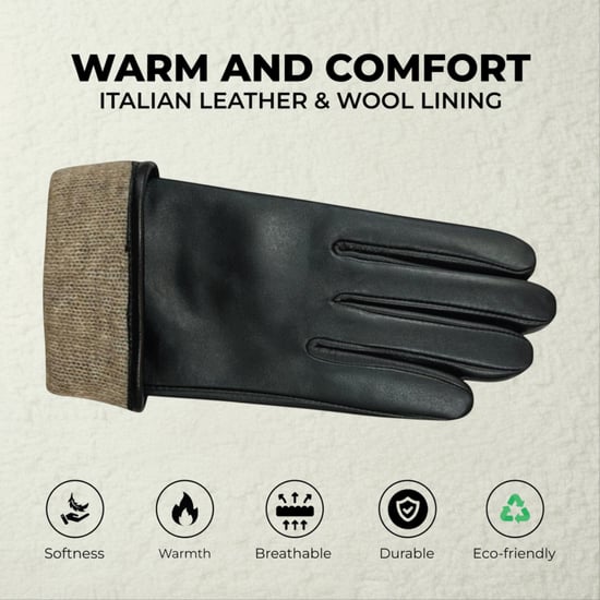 Zwarte Italiaanse leren winterhandschoenen met zachte wollen voering en gesp voor dames - Image 3