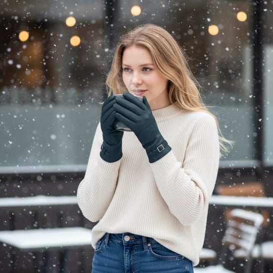 Dames winterhandschoenen met gesp en zachte wollen voering in Italiaans leer in blauwgroen - Image 2
