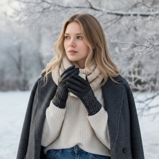 Zwarte Italiaanse leren winterhandschoenen met zachte wollen voering en studs voor dames - Image 2