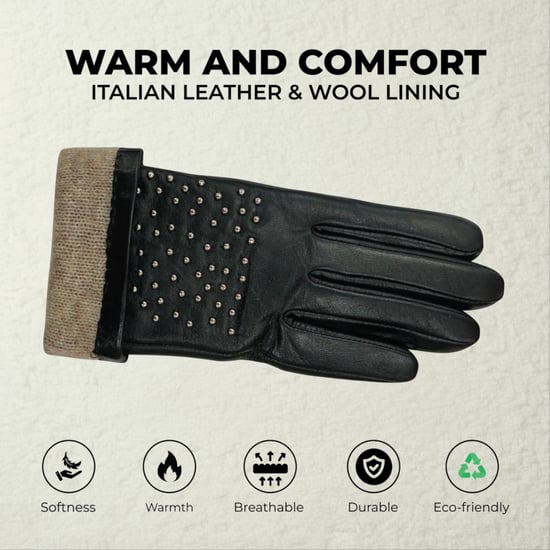 Zwarte Italiaanse leren winterhandschoenen met zachte wollen voering en studs voor dames - Image 3