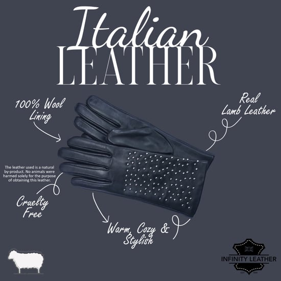 Zwarte Italiaanse leren winterhandschoenen met zachte wollen voering en studs voor dames - Image 4