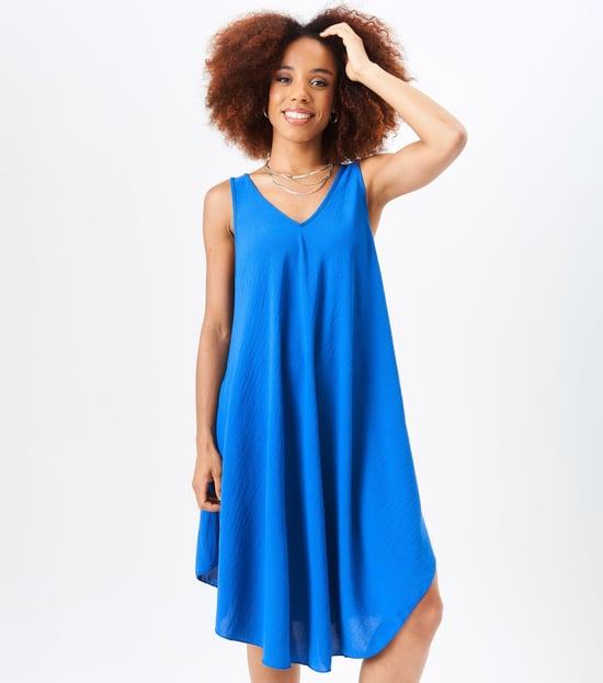Blauwe geweven oversized jurk met bandjes en structuur - Image 3