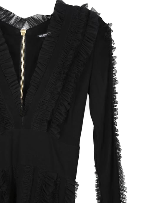 Balmain Zwarte Viscose Met Rimpelige Tule Accentuerende V-Hals Lange Mouwen Mini Jurk - Image 2