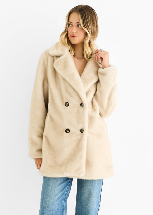 Beige jas van imitatiebont met dubbele knoopsluiting en lang model - Image 3