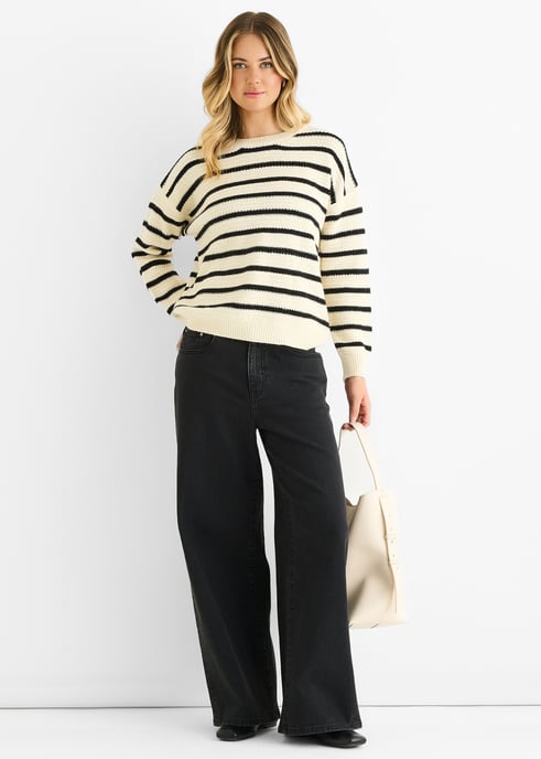 Beige gestreepte oversized trui met grove brei - Image 1