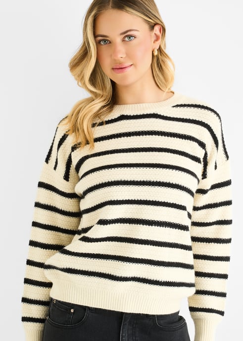 Beige gestreepte oversized trui met grove brei - Image 2
