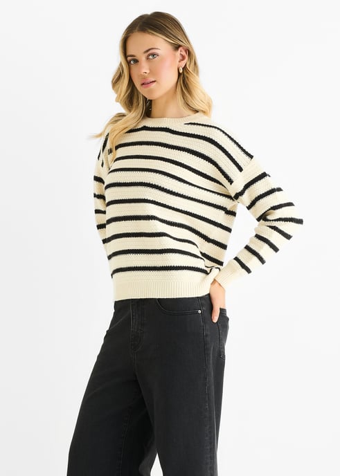 Beige gestreepte oversized trui met grove brei - Image 3