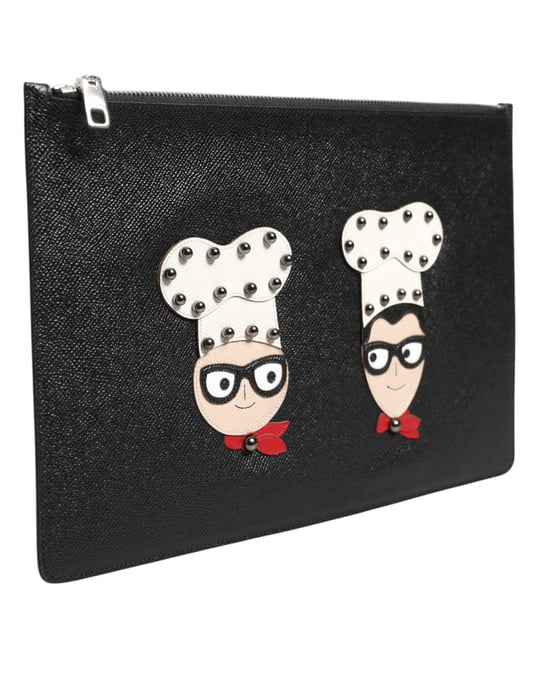 Zwarte Leren #DGFAMILY Versierde Heren Clutch Pouch Tas - Image 2