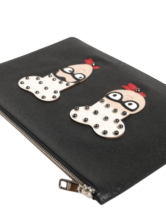 Zwarte Leren #DGFAMILY Versierde Heren Clutch Pouch Tas - Image 4