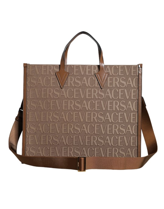 Bruine Top Handle Jacquard Leren Logo Crossbody Tote Bag - Image 1