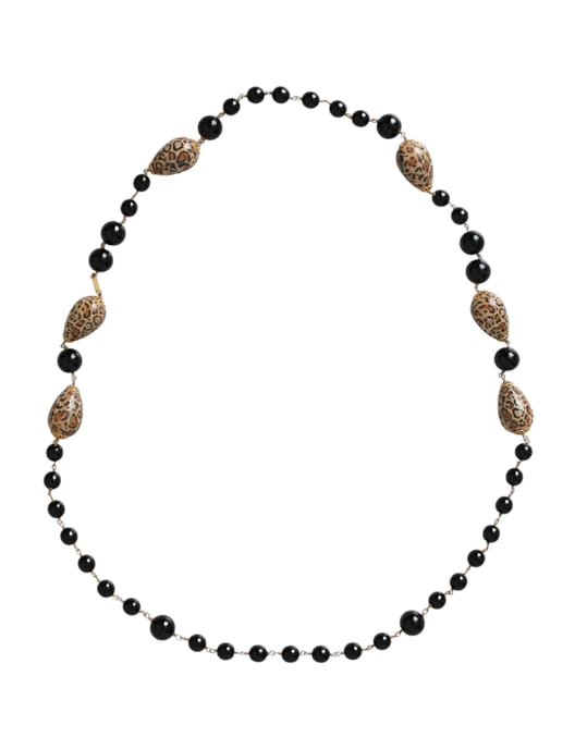 Gouden Toon Messing Zwarte Geprinte Kralen Lange Ketting - Image 1