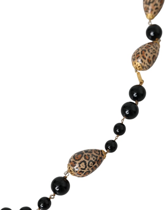 Gouden Toon Messing Zwarte Geprinte Kralen Lange Ketting - Image 2